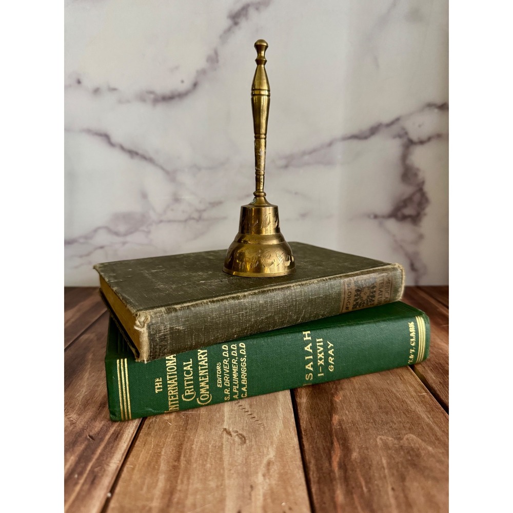 Vintage Solid Brass Hand Bell Etched Floral Design Gold Tone Dinner Bell 6 Inch